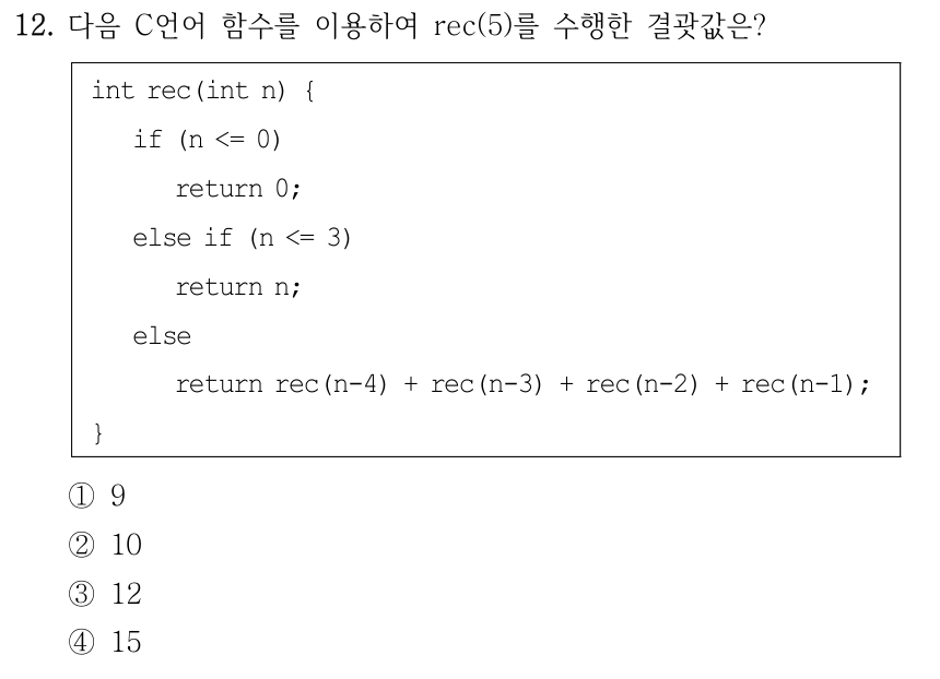12. 다음 C언어 함수를 이용하여 rec(5)를 수행한 결괏값은? int rec(int n) { if (n <= 0) return 0; else if (n <= 3) return n; else return rec(n-4) + rec(n-3) + rec(n-2) + rec(n-1); } ①9 ②10 ③12 ④15