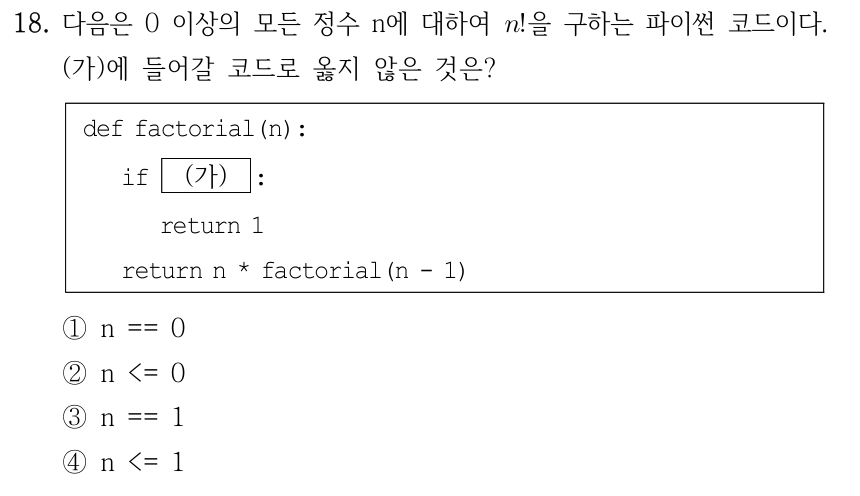 18. 다음은 0 이상의 모든 정수 n에 대하여 n!을 구하는 파이썬 코드이다. (가)에 들어갈 코드로 옳지 않은 것은? def factorial(n): if (가): return 1; return n * factorial(n - 1). 첫 return 1은 if 내부에 들여쓰기되어 있고 다음 return은 함수 내부에서 if 다음에 위치한다. ①n == 0 ②n <= 0 ③n == 1 ④n <= 1