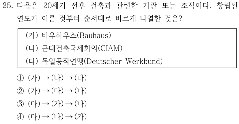 25. 다음은 20세기 전후 건축과 관련한 기관 또는 조직이다. 창립된 연도가 이른 것부터 순서대로 바르게 나열한 것은? (가) 바우하우스(Bauhaus) (나) 근대건축국제회의(CIAM) (다) 독일공작연맹(Deutscher Werkbund). ① (가)→(나)→(다) ② (가)→(다)→(나) ③ (다)→(가)→(나) ④ (다)→(나)→(가)