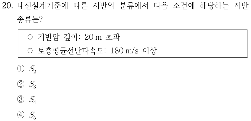 20. 내진설계기준에 따른 지반의 분류에서 다음 조건에 해당하는 지반종류는? 조건: 기반암 깊이 20 m 초과, 토층평균전단파속도 180 m/s 이상. ① S₂ ② S₃ ③ S₄ ④ S₅