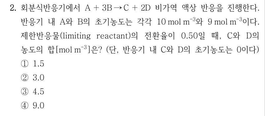 2. 회분식반응기에서 A + 3B → C + 2D 비가역 액상 반응을 진행한다. 반응기 내 A와 B의 초기농도는 각각 10 mol m⁻³와 9 mol m⁻³이다. 제한반응물(limiting reactant)의 전환율이 0.50일 때, C와 D의 농도의 합[mol m⁻³]은? (단, 반응기 내 C와 D의 초기농도는 0이다) ① 1.5 ② 3.0 ③ 4.5 ④ 9.0