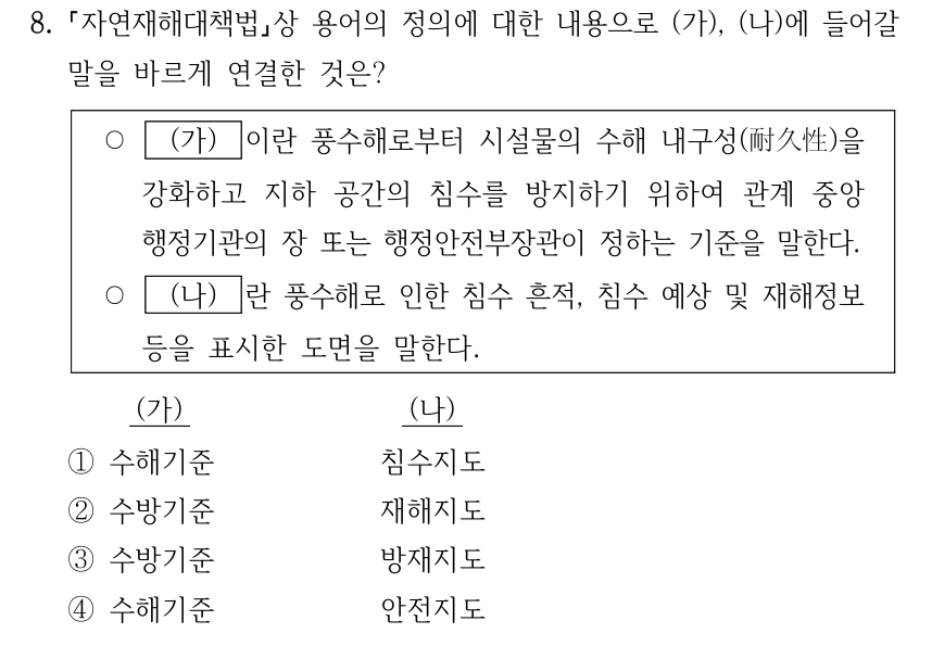 8. 자연재해대책법상 용어의 정의에 대한 내용으로 (가), (나)에 들어갈 말을 바르게 연결한 것은? ○ (가) 이란 풍수해로부터 시설물의 수해 내구성(耐久性)을 강화하고 지하 공간의 침수를 방지하기 위하여 관계 중앙 행정기관의 장 또는 행정안전부장관이 정하는 기준을 말한다. ○ (나) 란 풍수해로 인한 침수 흔적, 침수 예상 및 재해정보 등을 표시한 도면을 말한다. 각 선지는 (가), (나) 순서이다. ① 수해기준, 침수지도 ② 수방기준, 재해지도 ③ 수방기준, 방재지도 ④ 수해기준, 안전지도