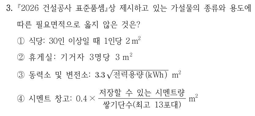 3. 『2026 건설공사 표준품셈』상 제시하고 있는 가설물의 종류와 용도에 따른 필요면적으로 옳지 않은 것은? ① 식당: 30인 이상일 때 1인당 2 m² ② 휴게실: 기거자 3명당 3 m² ③ 동력소 및 변전소: 3.3×√(전력용량(kWh)) m² ④ 시멘트 창고: 0.4×[저장할 수 있는 시멘트량/쌓기단수(최고 13포대)] m²