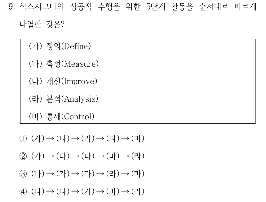 9. 식스시그마의 성공적 수행을 위한 5단계 활동을 순서대로 바르게 나열한 것은? (가) 정의(Define) (나) 측정(Measure) (다) 개선(Improve) (라) 분석(Analysis) (마) 통제(Control) ①(가) →(나) →(라) →(다) →(마) ②(가) →(다) →(나) →(마) →(라) ③(나) →(가) →(다) →(라) →(마) ④(나) →(다) →(가) →(마) →(라)