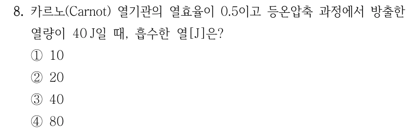 8. 카르노(Carnot) 열기관의 열효율이 0.5이고 등온압축 과정에서 방출한 열량이 40 J일 때, 흡수한 열[J]은? ① 10 ② 20 ③ 40 ④ 80