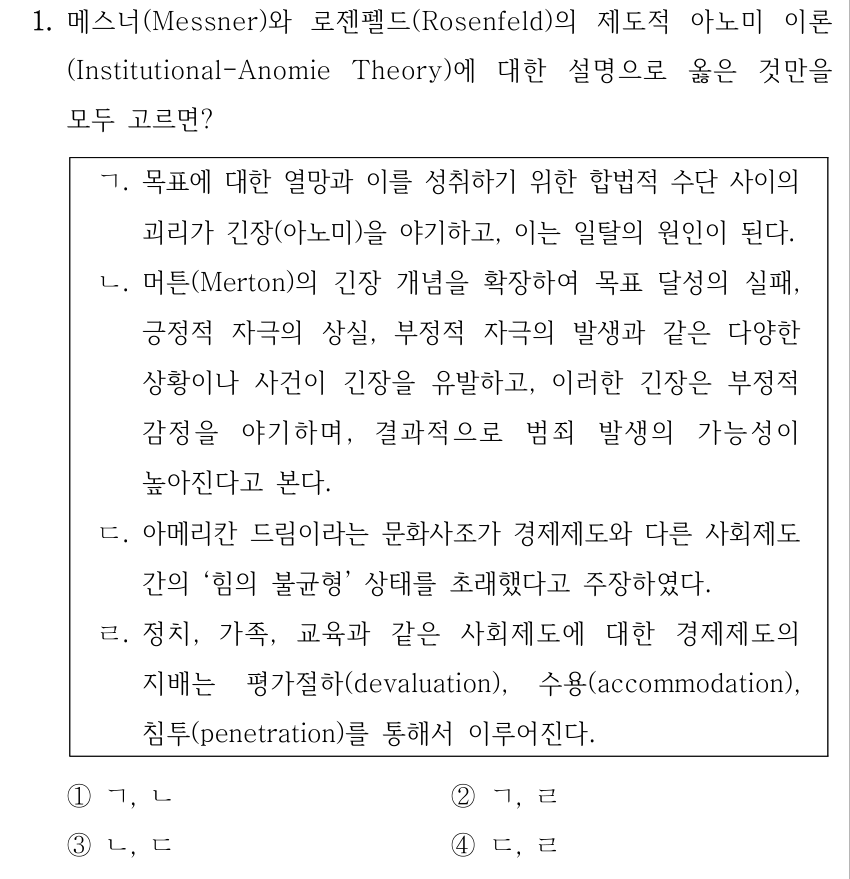 1. 메스너(Messner)와 로젠펠드(Rosenfeld)의 제도적 아노미 이론 (Institutional-Anomie Theory)에 대한 설명으로 옳은 것만을 모두 고르면? ㄱ. 목표에 대한 열망과 이를 성취하기 위한 합법적 수단 사이의 괴리가 긴장(아노미)을 야기하고, 이는 일탈의 원인이 된다. ㄴ. 머튼(Merton)의 긴장 개념을 확장하여 목표 달성의 실패, 긍정적 자극의 상실, 부정적 자극의 발생과 같은 다양한 상황이나 사건이 긴장을 유발하고, 이러한 긴장은 부정적 감정을 야기하며, 결과적으로 범죄 발생의 가능성이 높아진다고 본다. ㄷ. 아메리칸 드림이라는 문화사조가 경제제도와 다른 사회제도 간의 ‘힘의 불균형’ 상태를 초래했다고 주장하였다. ㄹ. 정치, 가족, 교육과 같은 사회제도에 대한 경제제도의 지배는 평가절하(devaluation), 수용(accommodation), 침투(penetration)를 통해서 이루어진다. ①ㄱ, ㄴ ②ㄱ, ㄹ ③ㄴ, ㄷ ④ㄷ, ㄹ