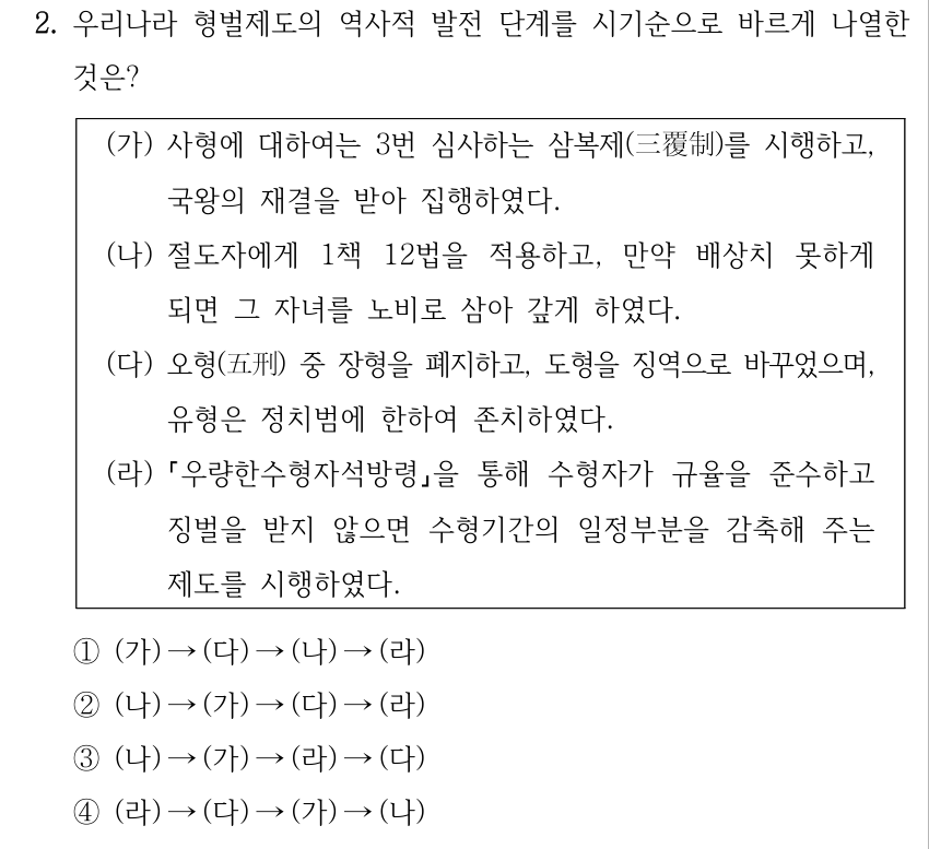 2. 우리나라 형벌제도의 역사적 발전 단계를 시기순으로 바르게 나열한 것은? (가) 사형에 대하여는 3번 심사하는 삼복제(三覆制)를 시행하고, 국왕의 재결을 받아 집행하였다. (나) 절도자에게 1책 12법을 적용하고, 만약 배상치 못하게 되면 그 자녀를 노비로 삼아 갚게 하였다. (다) 오형(五刑) 중 장형을 폐지하고, 도형을 징역으로 바꾸었으며, 유형은 정치범에 한하여 존치하였다. (라) 우량한수형자석방령을 통해 수형자가 규율을 준수하고 징벌을 받지 않으면 수형기간의 일정부분을 감축해 주는 제도를 시행하였다. ①(가) →(다) →(나) →(라) ②(나) →(가) →(다) →(라) ③(나) →(가) →(라) →(다) ④(라) →(다) →(가) →(나)