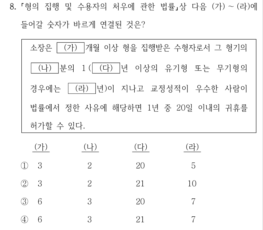 8. 형의 집행 및 수용자의 처우에 관한 법률상 다음 (가) ～(라)에 들어갈 숫자가 바르게 연결된 것은? 소장은 (가) 개월 이상 형을 집행받은 수형자로서 그 형기의 (나) 분의 1 ( (다) 년 이상의 유기형 또는 무기형의 경우에는 (라) 년)이 지나고 교정성적이 우수한 사람이 법률에서 정한 사유에 해당하면 1년 중 20일 이내의 귀휴를 허가할 수 있다. 선지 표의 열 순서는 (가), (나), (다), (라)입니다. ① (가) 3, (나) 2, (다) 20, (라) 5. ② (가) 3, (나) 2, (다) 21, (라) 10. ③ (가) 6, (나) 3, (다) 20, (라) 7. ④ (가) 6, (나) 3, (다) 21, (라) 7.
