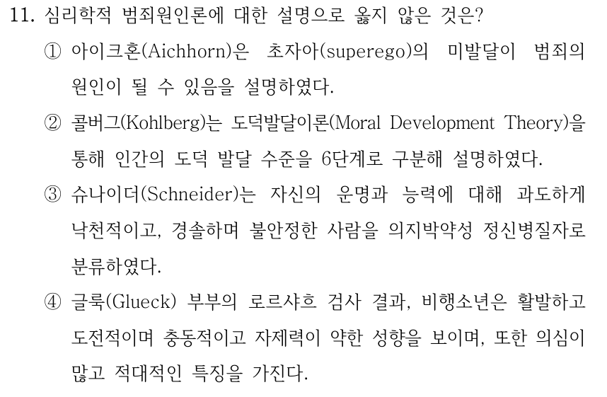 11. 심리학적 범죄원인론에 대한 설명으로 옳지 않은 것은? ①아이크혼(Aichhorn)은 초자아(superego)의 미발달이 범죄의 원인이 될 수 있음을 설명하였다. ②콜버그(Kohlberg)는 도덕발달이론(Moral Development Theory)을 통해 인간의 도덕 발달 수준을 6단계로 구분해 설명하였다. ③슈나이더(Schneider)는 자신의 운명과 능력에 대해 과도하게 낙천적이고, 경솔하며 불안정한 사람을 의지박약성 정신병질자로 분류하였다. ④글룩(Glueck) 부부의 로르샤흐 검사 결과, 비행소년은 활발하고 도전적이며 충동적이고 자제력이 약한 성향을 보이며, 또한 의심이 많고 적대적인 특징을 가진다.