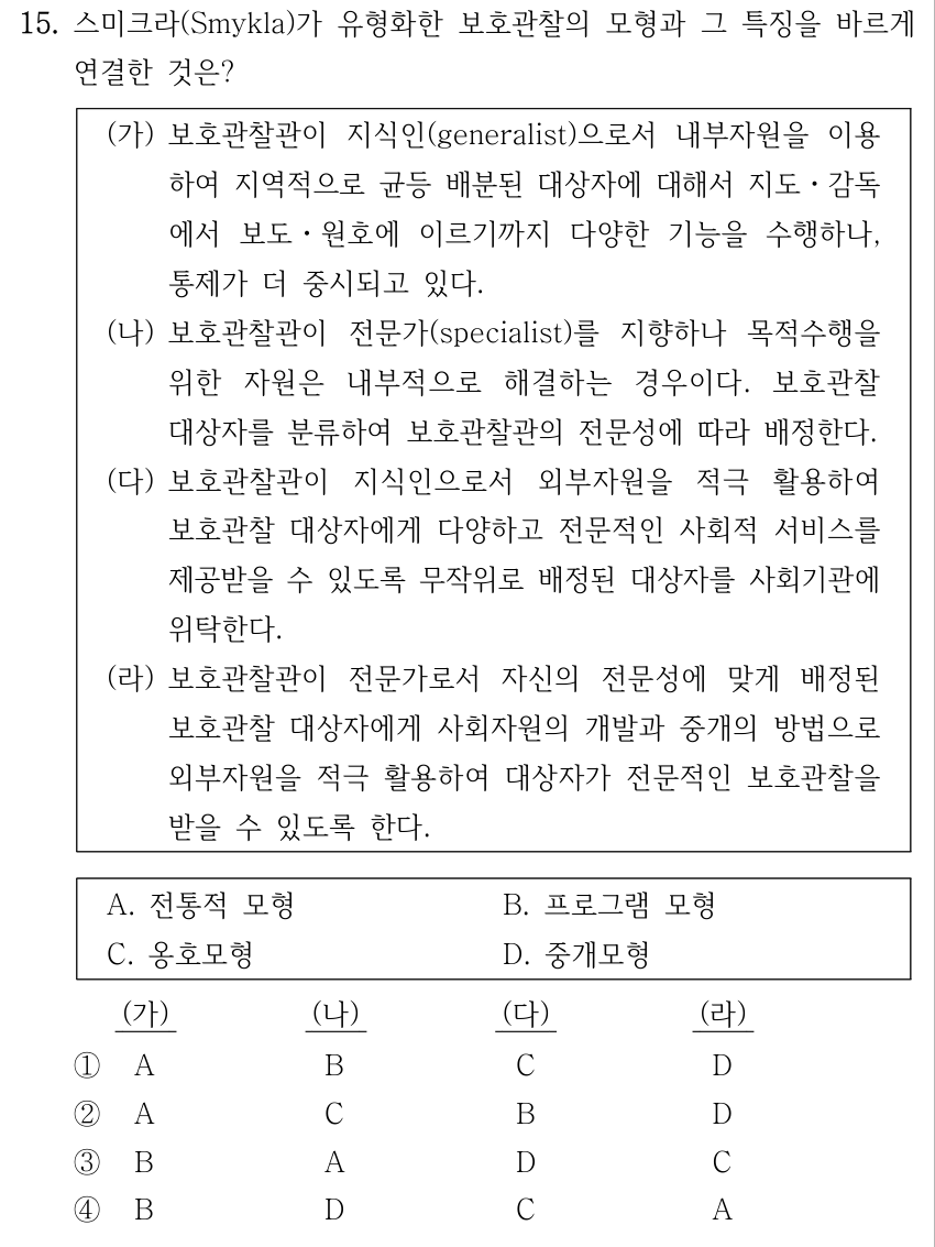 15. 스미크라(Smykla)가 유형화한 보호관찰의 모형과 그 특징을 바르게 연결한 것은? (가) 보호관찰관이 지식인(generalist)으로서 내부자원을 이용 하여 지역적으로 균등 배분된 대상자에 대해서 지도ㆍ감독 에서 보도ㆍ원호에 이르기까지 다양한 기능을 수행하나, 통제가 더 중시되고 있다. (나) 보호관찰관이 전문가(specialist)를 지향하나 목적수행을 위한 자원은 내부적으로 해결하는 경우이다. 보호관찰 대상자를 분류하여 보호관찰관의 전문성에 따라 배정한다. (다) 보호관찰관이 지식인으로서 외부자원을 적극 활용하여 보호관찰 대상자에게 다양하고 전문적인 사회적 서비스를 제공받을 수 있도록 무작위로 배정된 대상자를 사회기관에 위탁한다. (라) 보호관찰관이 전문가로서 자신의 전문성에 맞게 배정된 보호관찰 대상자에게 사회자원의 개발과 중개의 방법으로 외부자원을 적극 활용하여 대상자가 전문적인 보호관찰을 받을 수 있도록 한다. A. 전통적 모형 B. 프로그램 모형 C. 옹호모형 D. 중개모형 선지 표의 열 순서는 (가), (나), (다), (라)입니다. ① (가) A, (나) B, (다) C, (라) D. ② (가) A, (나) C, (다) B, (라) D. ③ (가) B, (나) A, (다) D, (라) C. ④ (가) B, (나) D, (다) C, (라) A.