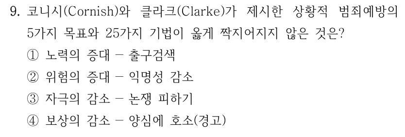 9. 코니시(Cornish)와 클라크(Clarke)가 제시한 상황적 범죄예방의 5가지 목표와 25가지 기법이 옳게 짝지어지지 않은 것은? ①노력의 증대－출구검색 ②위험의 증대－익명성 감소 ③자극의 감소－논쟁 피하기 ④보상의 감소－양심에 호소(경고)