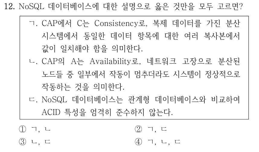 12. NoSQL 데이터베이스에 대한 설명으로 옳은 것만을 모두 고르면? ㄱ. CAP에서 C는 Consistency로, 복제 데이터를 가진 분산 시스템에서 동일한 데이터 항목에 대한 여러 복사본에서 값이 일치해야 함을 의미한다. ㄴ. CAP의 A는 Availability로, 네트워크 고장으로 분산된 노드들 중 일부에서 작동이 멈추더라도 시스템이 정상적으로 작동하는 것을 의미한다. ㄷ. NoSQL 데이터베이스는 관계형 데이터베이스와 비교하여 ACID 특성을 엄격히 준수하지 않는다. ① ㄱ, ㄴ ② ㄱ, ㄷ ③ ㄴ, ㄷ ④ ㄱ, ㄴ, ㄷ
