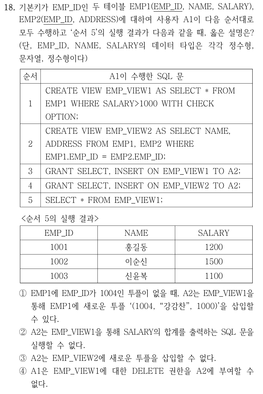 18. 기본키가 EMP_ID인 두 테이블 EMP1(EMP_ID, NAME, SALARY), EMP2(EMP_ID, ADDRESS)에 대하여 사용자 A1이 다음 순서대로 모두 수행하고 ‘순서 5’의 실행 결과가 다음과 같을 때, 옳은 설명은? (단, EMP_ID, NAME, SALARY의 데이터 타입은 각각 정수형, 문자열, 정수형이다) A1이 수행한 SQL 문은 순서 1: CREATE VIEW EMP_VIEW1 AS SELECT * FROM EMP1 WHERE SALARY>1000 WITH CHECK OPTION; 순서 2: CREATE VIEW EMP_VIEW2 AS SELECT NAME, ADDRESS FROM EMP1, EMP2 WHERE EMP1.EMP_ID = EMP2.EMP_ID; 순서 3: GRANT SELECT, INSERT ON EMP_VIEW1 TO A2; 순서 4: GRANT SELECT, INSERT ON EMP_VIEW2 TO A2; 순서 5: SELECT * FROM EMP_VIEW1; 순서 5 실행 결과의 열은 EMP_ID, NAME, SALARY이며 행은 (1001, 홍길동, 1200), (1002, 이순신, 1500), (1003, 신윤복, 1100)이다. ① EMP1에 EMP_ID가 1004인 투플이 없을 때, A2는 EMP_VIEW1을 통해 EMP1에 새로운 투플 ‘(1004, “강감찬”, 1000)’을 삽입할 수 있다. ② A2는 EMP_VIEW1을 통해 SALARY의 합계를 출력하는 SQL 문을 실행할 수 없다. ③ A2는 EMP_VIEW2에 새로운 투플을 삽입할 수 없다. ④ A1은 EMP_VIEW1에 대한 DELETE 권한을 A2에 부여할 수 없다.