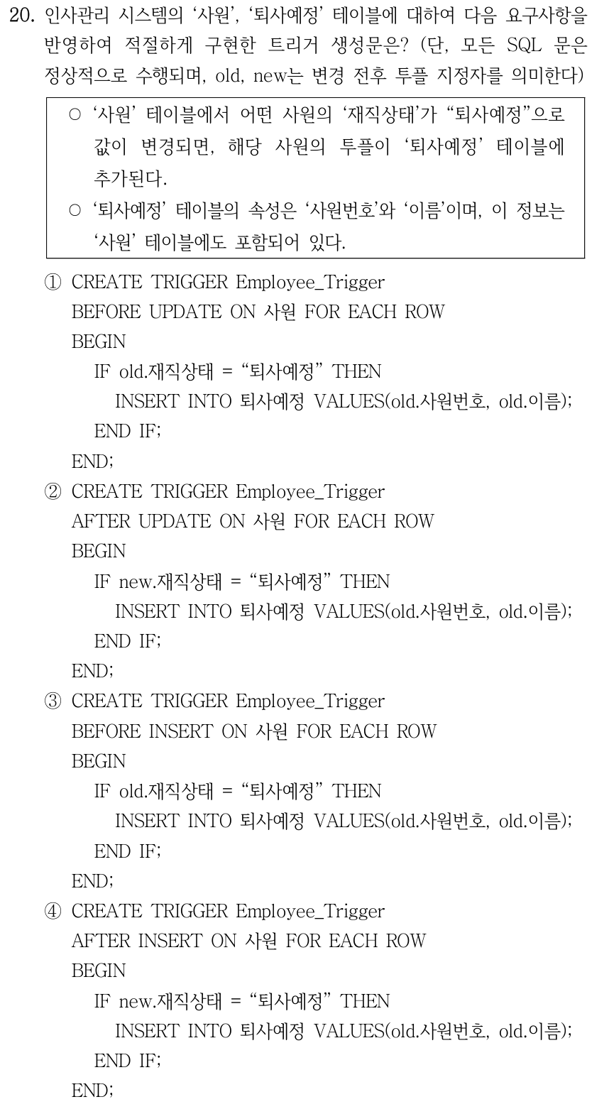 20. 인사관리 시스템의 ‘사원’, ‘퇴사예정’ 테이블에 대하여 다음 요구사항을 반영하여 적절하게 구현한 트리거 생성문은? (단, 모든 SQL 문은 정상적으로 수행되며, old, new는 변경 전후 투플 지정자를 의미한다) ○‘사원’ 테이블에서 어떤 사원의 ‘재직상태’가 “퇴사예정”으로 값이 변경되면, 해당 사원의 투플이 ‘퇴사예정’ 테이블에 추가된다. ○‘퇴사예정’ 테이블의 속성은 ‘사원번호’와 ‘이름’이며, 이 정보는 ‘사원’ 테이블에도 포함되어 있다. ①CREATE TRIGGER Employee_Trigger BEFORE UPDATE ON 사원 FOR EACH ROW BEGIN IF old.재직상태 = “퇴사예정” THEN INSERT INTO 퇴사예정 VALUES(old.사원번호, old.이름); END IF; END; ②CREATE TRIGGER Employee_Trigger AFTER UPDATE ON 사원 FOR EACH ROW BEGIN IF new.재직상태 = “퇴사예정” THEN INSERT INTO 퇴사예정 VALUES(old.사원번호, old.이름); END IF; END; ③CREATE TRIGGER Employee_Trigger BEFORE INSERT ON 사원 FOR EACH ROW BEGIN IF old.재직상태 = “퇴사예정” THEN INSERT INTO 퇴사예정 VALUES(old.사원번호, old.이름); END IF; END; ④CREATE TRIGGER Employee_Trigger AFTER INSERT ON 사원 FOR EACH ROW BEGIN IF new.재직상태 = “퇴사예정” THEN INSERT INTO 퇴사예정 VALUES(old.사원번호, old.이름); END IF; END;