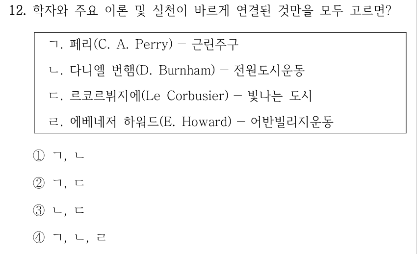 12. 학자와 주요 이론 및 실천이 바르게 연결된 것만을 모두 고르면? ㄱ. 페리(C. A. Perry) －근린주구 ㄴ. 다니엘 번햄(D. Burnham) －전원도시운동 ㄷ. 르코르뷔지에(Le Corbusier) －빛나는 도시 ㄹ. 에베네저 하워드(E. Howard) －어반빌리지운동 ①ㄱ, ㄴ ②ㄱ, ㄷ ③ㄴ, ㄷ ④ㄱ, ㄴ, ㄹ
