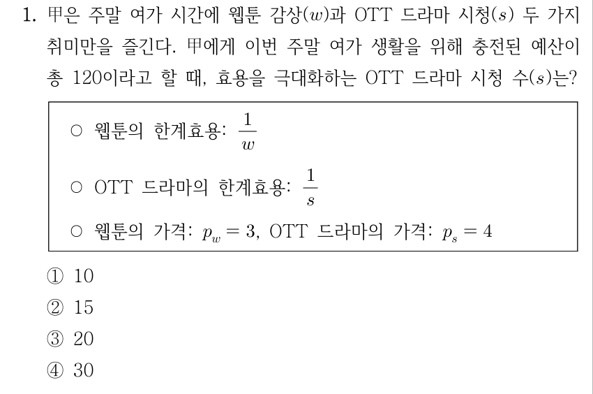 1. 甲은 주말 여가 시간에 웹툰 감상(w)과 OTT 드라마 시청(s) 두 가지 취미만을 즐긴다. 甲에게 이번 주말 여가 생활을 위해 충전된 예산이 총 120이라고 할 때, 효용을 극대화하는 OTT 드라마 시청 수(s)는? ○ 웹툰의 한계효용: 1/w ○ OTT 드라마의 한계효용: 1/s ○ 웹툰의 가격: p_w=3, OTT 드라마의 가격: p_s=4. ① 10 ② 15 ③ 20 ④ 30