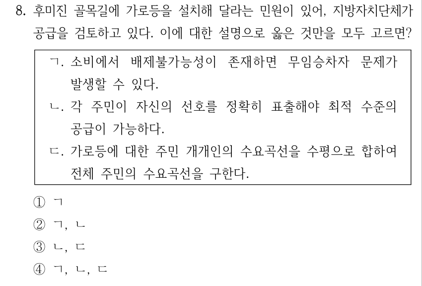 8. 후미진 골목길에 가로등을 설치해 달라는 민원이 있어, 지방자치단체가 공급을 검토하고 있다. 이에 대한 설명으로 옳은 것만을 모두 고르면? ㄱ. 소비에서 배제불가능성이 존재하면 무임승차자 문제가 발생할 수 있다. ㄴ. 각 주민이 자신의 선호를 정확히 표출해야 최적 수준의 공급이 가능하다. ㄷ. 가로등에 대한 주민 개개인의 수요곡선을 수평으로 합하여 전체 주민의 수요곡선을 구한다. ①ㄱ ②ㄱ, ㄴ ③ㄴ, ㄷ ④ㄱ, ㄴ, ㄷ