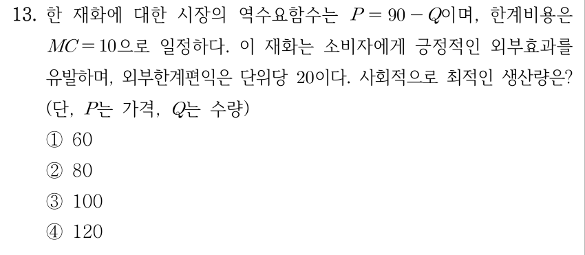 13. 한 재화에 대한 시장의 역수요함수는 P=90−Q이며, 한계비용은 MC=10으로 일정하다. 이 재화는 소비자에게 긍정적인 외부효과를 유발하며, 외부한계편익은 단위당 20이다. 사회적으로 최적인 생산량은? (단, P는 가격, Q는 수량). ① 60 ② 80 ③ 100 ④ 120