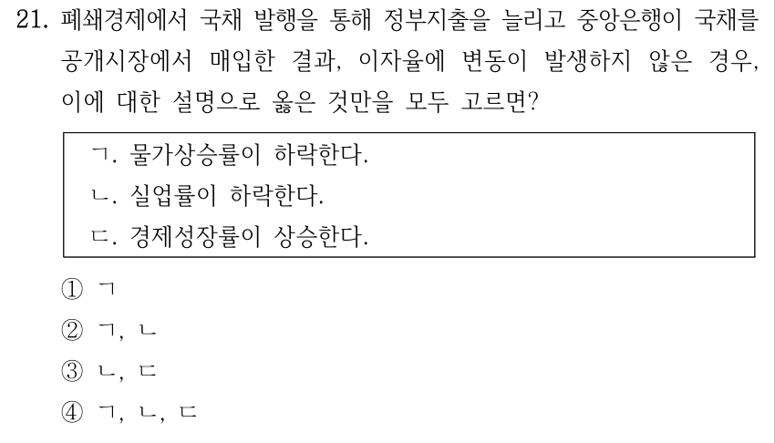 21. 폐쇄경제에서 국채 발행을 통해 정부지출을 늘리고 중앙은행이 국채를 공개시장에서 매입한 결과, 이자율에 변동이 발생하지 않은 경우, 이에 대한 설명으로 옳은 것만을 모두 고르면? ㄱ. 물가상승률이 하락한다. ㄴ. 실업률이 하락한다. ㄷ. 경제성장률이 상승한다. ①ㄱ ②ㄱ, ㄴ ③ㄴ, ㄷ ④ㄱ, ㄴ, ㄷ