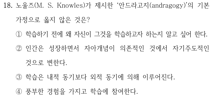 18. 노울즈(M. S. Knowles)가 제시한 ‘안드라고지(andragogy)’의 기본 가정으로 옳지 않은 것은? ①학습하기 전에 왜 자신이 그것을 학습하고자 하는지 알고 싶어 한다. ②인간은 성장하면서 자아개념이 의존적인 것에서 자기주도적인 것으로 변한다. ③학습은 내적 동기보다 외적 동기에 의해 이루어진다. ④풍부한 경험을 가지고 학습에 참여한다.