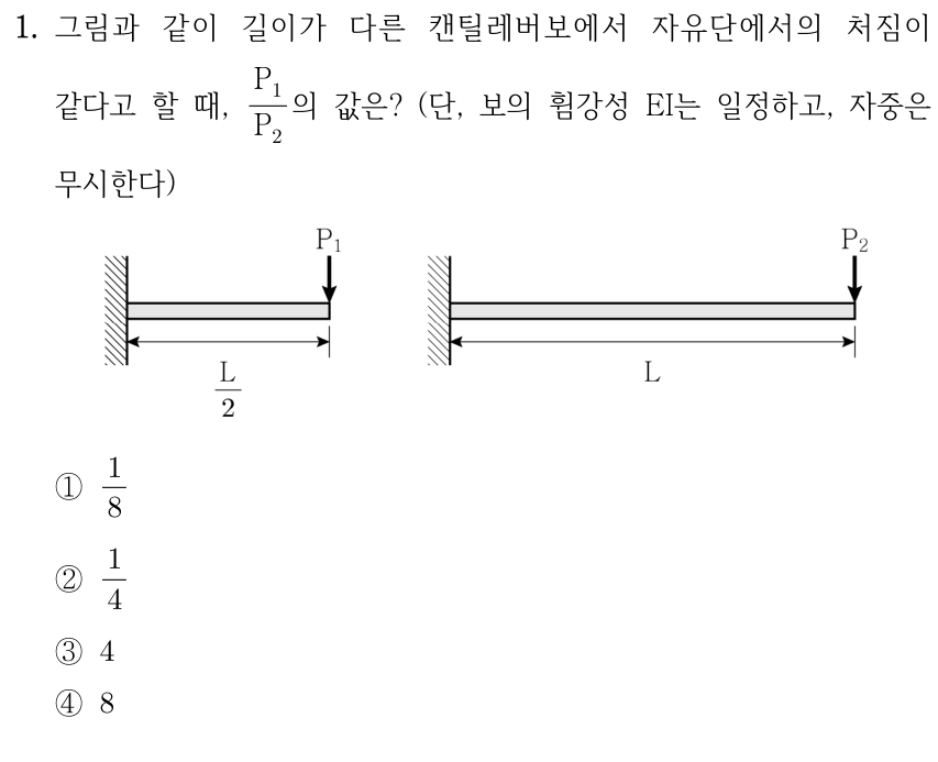 1. 길이 L/2인 캔틸레버보 자유단에 하향 P₁, 길이 L인 캔틸레버보 자유단에 하향 P₂가 작용한다. 두 자유단 처짐이 같고 EI는 일정하며 자중은 무시할 때 P₁/P₂는? ① 1/8 ② 1/4 ③ 4 ④ 8.