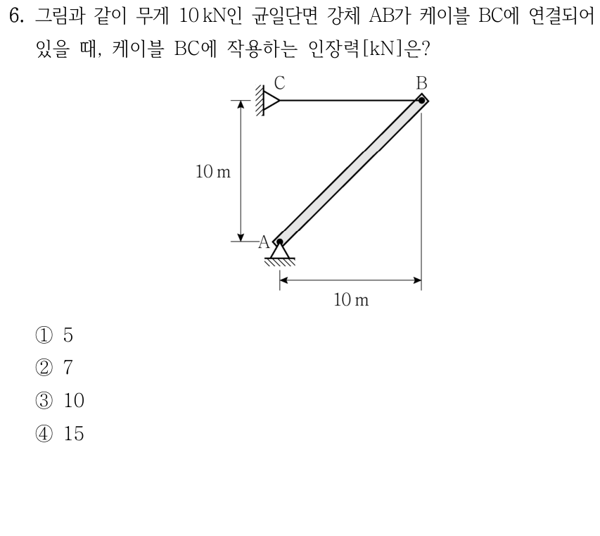 6. 무게 10 kN의 균일 단면 강체 AB는 A에서 힌지 지지되고 B에서 수평 케이블 BC에 연결된다. A와 B의 수평·수직 거리 모두 10 m, C는 A 바로 위이다. 케이블 BC 인장력[kN]은? ① 5 ② 7 ③ 10 ④ 15.