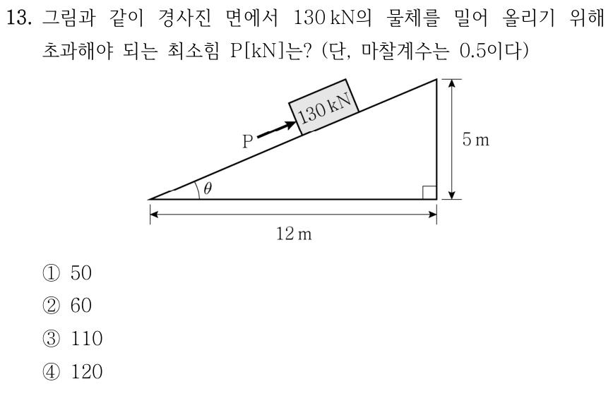 13. 밑변 12 m, 높이 5 m의 경사면 위 130 kN 물체를 경사면과 평행한 힘 P로 밀어 올린다. 마찰계수 0.5일 때 초과해야 되는 최소힘 P[kN]는? ① 50 ② 60 ③ 110 ④ 120.