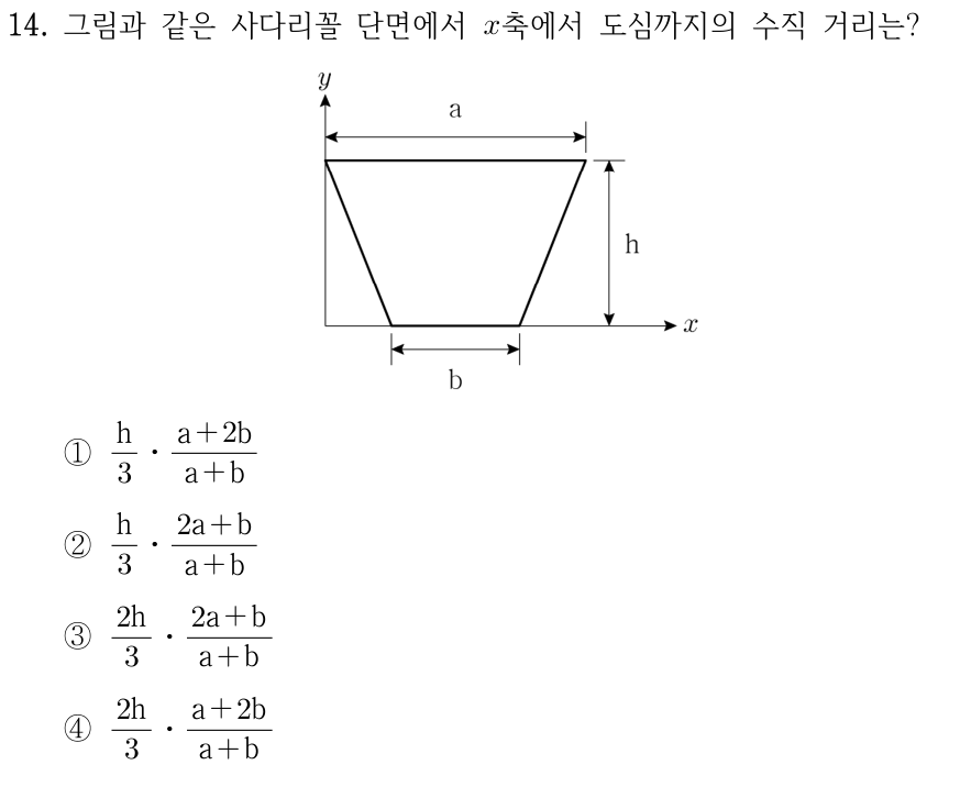 14. 사다리꼴 단면의 위쪽 평행변 길이는 a, 아래쪽 평행변 길이는 b, 높이는 h이다. 아래쪽 변이 놓인 x축에서 도심까지 수직 거리는? ① (h/3)·(a+2b)/(a+b) ② (h/3)·(2a+b)/(a+b) ③ (2h/3)·(2a+b)/(a+b) ④ (2h/3)·(a+2b)/(a+b).
