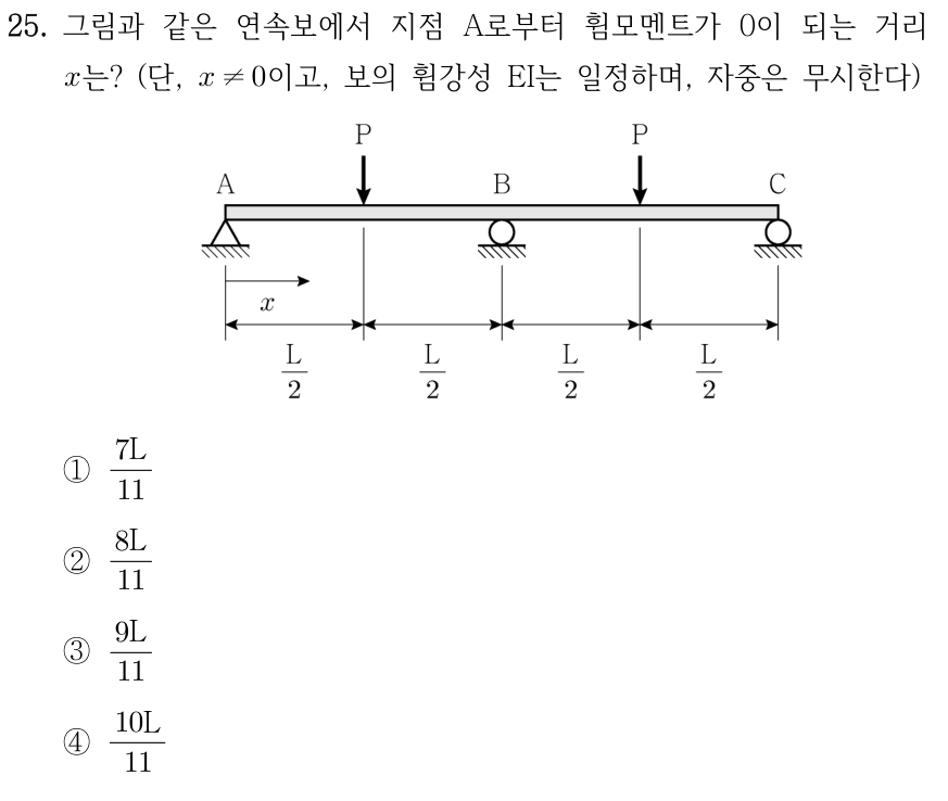 25. 연속보 ABC에서 A는 힌지, B와 C는 롤러지지이다. 두 경간 AB=BC=L이며 각 경간 중앙에 하향 P가 작용한다. x≠0, EI 일정, 자중 무시. A로부터 휨모멘트가 0이 되는 거리 x는? ① 7L/11 ② 8L/11 ③ 9L/11 ④ 10L/11.