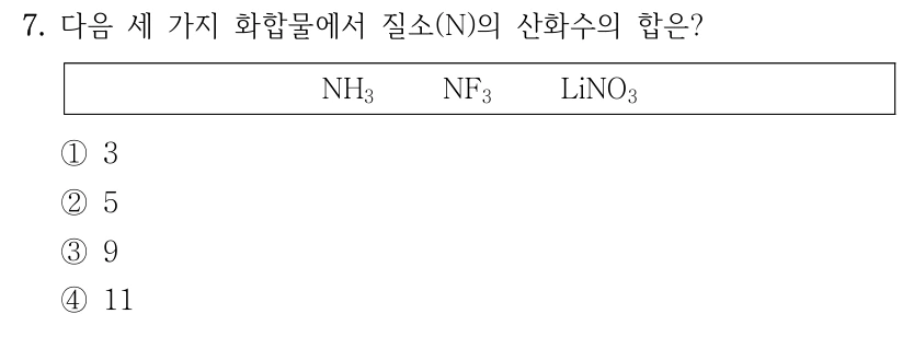 7. 다음 세 가지 화합물에서 질소(N)의 산화수의 합은? NH₃, NF₃, LiNO₃. ① 3 ② 5 ③ 9 ④ 11