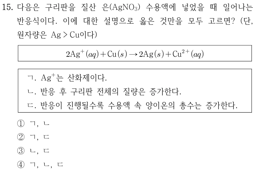 15. 다음은 구리판을 질산 은(AgNO₃) 수용액에 넣었을 때 일어나는 반응식이다. 이에 대한 설명으로 옳은 것만을 모두 고르면? 단, 원자량은 Ag>Cu이다. 반응식: 2Ag⁺(aq)+Cu(s)→2Ag(s)+Cu²⁺(aq). ㄱ. Ag⁺는 산화제이다. ㄴ. 반응 후 구리판 전체의 질량은 증가한다. ㄷ. 반응이 진행될수록 수용액 속 양이온의 총수는 증가한다. ① ㄱ, ㄴ ② ㄱ, ㄷ ③ ㄴ, ㄷ ④ ㄱ, ㄴ, ㄷ