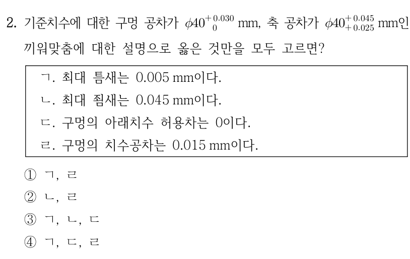 2. 기준치수에 대한 구멍 공차가 φ40 위 +0.030 아래 0 mm, 축 공차가 φ40 위 +0.045 아래 +0.025 mm인 끼워맞춤. 옳은 것 모두? ㄱ 최대 틈새 0.005 mm, ㄴ 최대 죔새 0.045 mm, ㄷ 구멍 아래치수 허용차 0, ㄹ 구멍 치수공차 0.015 mm. ① ㄱ, ㄹ ② ㄴ, ㄹ ③ ㄱ, ㄴ, ㄷ ④ ㄱ, ㄷ, ㄹ