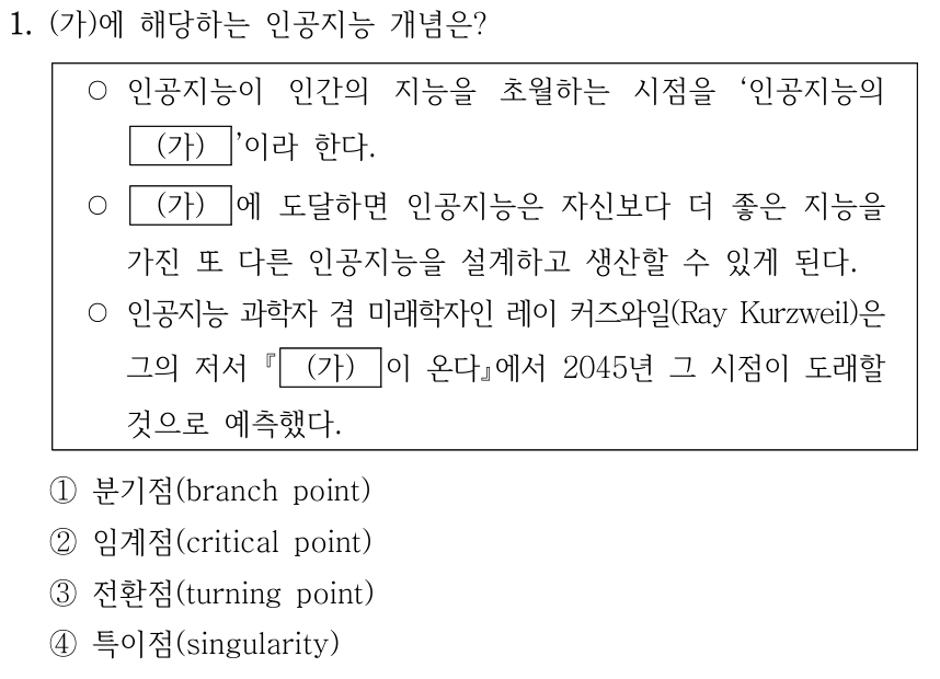 1. (가)에 해당하는 인공지능 개념은? 인공지능이 인간의 지능을 초월하는 시점을 인공지능의 (가)이라고 한다. 이에 도달한 인공지능은 자신보다 더 좋은 지능을 가진 인공지능을 설계·생산할 수 있다. 레이 커즈와일은 저서 (가)이 온다에서 2045년에 그 시점이 도래할 것으로 예측했다는 제시문이다. ① 분기점(branch point) ② 임계점(critical point) ③ 전환점(turning point) ④ 특이점(singularity).