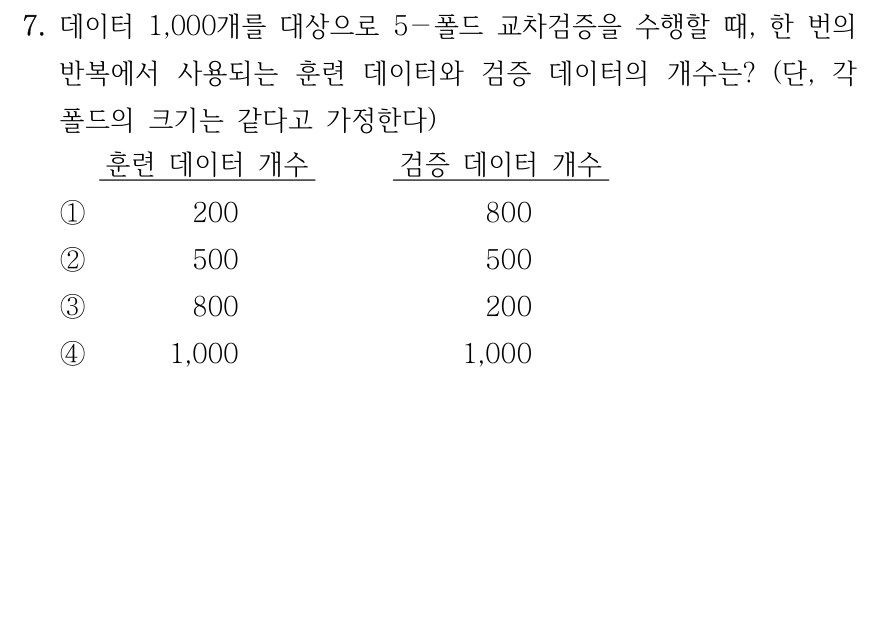 7. 총 1,000개 데이터에 5-겹 교차검증을 수행할 때, 각 폴드의 데이터 수가 동일하면 한 번의 검증에 사용하는 학습 데이터와 검증 데이터의 개수는? 학습/검증 순서: ① 200/800 ② 500/500 ③ 800/200 ④ 1,000/1,000.
