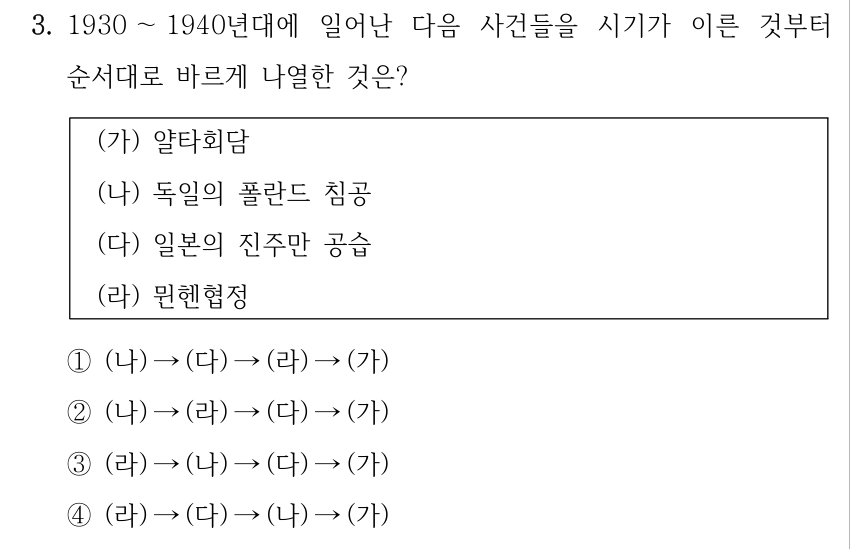 3. 1930 ～1940년대에 일어난 다음 사건들을 시기가 이른 것부터 순서대로 바르게 나열한 것은? (가) 얄타회담 (나) 독일의 폴란드 침공 (다) 일본의 진주만 공습 (라) 뮌헨협정 ①(나) →(다) →(라) →(가) ②(나) →(라) →(다) →(가) ③(라) →(나) →(다) →(가) ④(라) →(다) →(나) →(가)