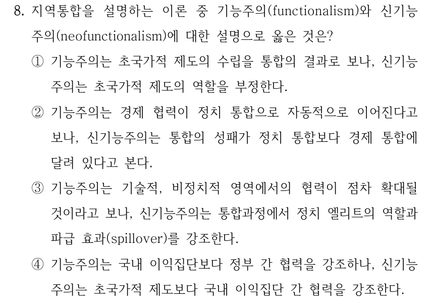 8. 지역통합을 설명하는 이론 중 기능주의(functionalism)와 신기능 주의(neofunctionalism)에 대한 설명으로 옳은 것은? ①기능주의는 초국가적 제도의 수립을 통합의 결과로 보나, 신기능 주의는 초국가적 제도의 역할을 부정한다. ②기능주의는 경제 협력이 정치 통합으로 자동적으로 이어진다고 보나, 신기능주의는 통합의 성패가 정치 통합보다 경제 통합에 달려 있다고 본다. ③기능주의는 기술적, 비정치적 영역에서의 협력이 점차 확대될 것이라고 보나, 신기능주의는 통합과정에서 정치 엘리트의 역할과 파급 효과(spillover)를 강조한다. ④기능주의는 국내 이익집단보다 정부 간 협력을 강조하나, 신기능 주의는 초국가적 제도보다 국내 이익집단 간 협력을 강조한다.