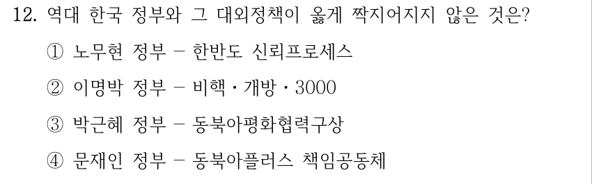 12. 역대 한국 정부와 그 대외정책이 옳게 짝지어지지 않은 것은? ①노무현 정부— 한반도 신뢰프로세스 ②이명박 정부— 비핵ㆍ개방ㆍ3000 ③박근혜 정부— 동북아평화협력구상 ④문재인 정부— 동북아플러스 책임공동체