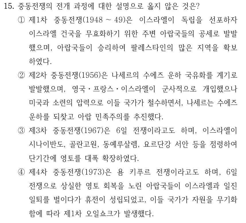 15. 중동전쟁의 전개 과정에 대한 설명으로 옳지 않은 것은? ①제1차 중동전쟁(1948 ～49)은 이스라엘이 독립을 선포하자 이스라엘 건국을 무효화하기 위한 주변 아랍국들의 공세로 발발 했으며, 아랍국들이 승리하여 팔레스타인의 많은 지역을 확보 하였다. ②제2차 중동전쟁(1956)은 나세르의 수에즈 운하 국유화를 계기로 발발했으며, 영국ㆍ프랑스ㆍ이스라엘이 군사적으로 개입했으나 미국과 소련의 압력으로 이들 국가가 철수하면서, 나세르는 수에즈 운하를 되찾고 아랍 민족주의를 추진했다. ③제3차 중동전쟁(1967)은 6일 전쟁이라고도 하며, 이스라엘이 시나이반도, 골란고원, 동예루살렘, 요르단강 서안 등을 점령하여 단기간에 영토를 대폭 확장하였다. ④제4차 중동전쟁(1973)은 욤 키푸르 전쟁이라고도 하며, 6일 전쟁으로 상실한 영토 회복을 노린 아랍국들이 이스라엘과 일진 일퇴를 벌이다가 휴전이 성립되었고, 이들 국가가 자원을 무기화 함에 따라 제1차 오일쇼크가 발생했다.