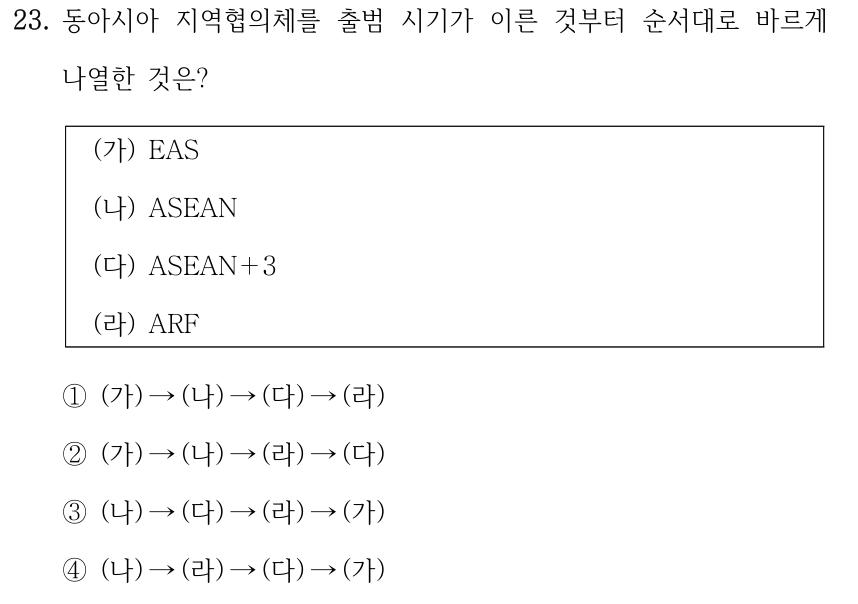 23. 동아시아 지역협의체를 출범 시기가 이른 것부터 순서대로 바르게 나열한 것은? (가) EAS (나) ASEAN (다) ASEAN＋3 (라) ARF ①(가) →(나) →(다) →(라) ②(가) →(나) →(라) →(다) ③(나) →(다) →(라) →(가) ④(나) →(라) →(다) →(가)