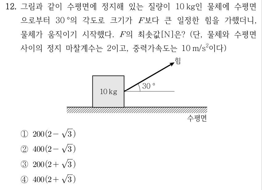 12. 그림과 같이 수평면에 정지해 있는 질량이 10 kg인 물체에 수평면으로부터 30°의 각도로 크기가 F보다 큰 일정한 힘을 가했더니, 물체가 움직이기 시작했다. F의 최솟값[N]은? (단, 물체와 수평면 사이의 정지 마찰계수는 2이고, 중력가속도는 10 m/s²이다) [그림: 수평면 위에 10 kg 물체가 있으며, 물체의 오른쪽 측면에서 오른쪽 위로 힘이 작용한다. 힘의 방향과 오른쪽 수평선 사이 각도는 30°이다.] ① 200(2 − √3) ② 400(2 − √3) ③ 200(2 + √3) ④ 400(2 + √3)
