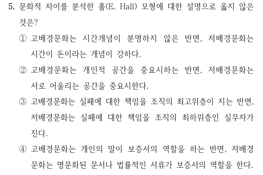 5. 문화적 차이를 분석한 홀(E. Hall) 모형에 대한 설명으로 옳지 않은 것은? ①고배경문화는 시간개념이 분명하지 않은 반면, 저배경문화는 시간이 돈이라는 개념이 강하다. ②고배경문화는 개인적 공간을 중요시하는 반면, 저배경문화는 서로 어울리는 공간을 중요시한다. ③고배경문화는 실패에 대한 책임을 조직의 최고위층이 지는 반면, 저배경문화는 실패에 대한 책임을 조직의 최하위층인 실무자가 진다. ④고배경문화는 개인의 말이 보증서의 역할을 하는 반면, 저배경 문화는 명문화된 문서나 법률적인 서류가 보증서의 역할을 한다.