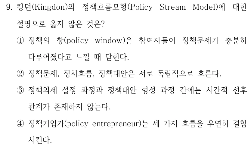 9. 킹던(Kingdon)의 정책흐름모형(Policy Stream Model)에 대한 설명으로 옳지 않은 것은? ①정책의 창(policy window)은 참여자들이 정책문제가 충분히 다루어졌다고 느낄 때 닫힌다. ②정책문제, 정치흐름, 정책대안은 서로 독립적으로 흐른다. ③정책의제 설정 과정과 정책대안 형성 과정 간에는 시간적 선후 관계가 존재하지 않는다. ④정책기업가(policy entrepreneur)는 세 가지 흐름을 우연히 결합 시킨다.
