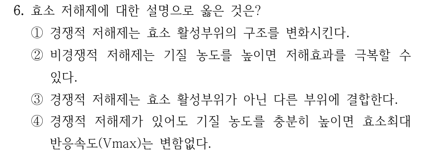 6. 효소 저해제에 대한 설명으로 옳은 것은? ①경쟁적 저해제는 효소 활성부위의 구조를 변화시킨다. ②비경쟁적 저해제는 기질 농도를 높이면 저해효과를 극복할 수 있다. ③경쟁적 저해제는 효소 활성부위가 아닌 다른 부위에 결합한다. ④경쟁적 저해제가 있어도 기질 농도를 충분히 높이면 효소최대 반응속도(Vmax)는 변함없다.