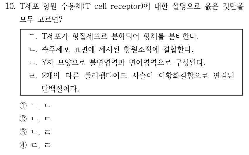 10. T세포 항원 수용체(T cell receptor)에 대한 설명으로 옳은 것만을 모두 고르면? ㄱ. T세포가 형질세포로 분화되어 항체를 분비한다. ㄴ. 숙주세포 표면에 제시된 항원조직에 결합한다. ㄷ. Y자 모양으로 불변영역과 변이영역으로 구성된다. ㄹ. 2개의 다른 폴리펩타이드 사슬이 이황화결합으로 연결된 단백질이다. ①ㄱ, ㄴ ②ㄴ, ㄷ ③ㄴ, ㄹ ④ㄷ, ㄹ