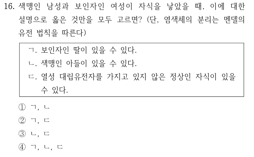 16. 색맹인 남성과 보인자인 여성이 자식을 낳았을 때, 이에 대한 설명으로 옳은 것만을 모두 고르면? (단, 염색체의 분리는 멘델의 유전 법칙을 따른다) ㄱ. 보인자인 딸이 있을 수 있다. ㄴ. 색맹인 아들이 있을 수 있다. ㄷ. 열성 대립유전자를 가지고 있지 않은 정상인 자식이 있을 수 있다. ①ㄱ, ㄴ ②ㄱ, ㄷ ③ㄴ, ㄷ ④ㄱ, ㄴ, ㄷ