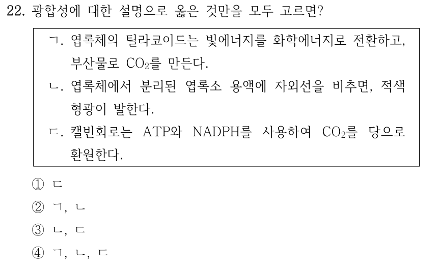 22. 광합성에 대한 설명으로 옳은 것만을 모두 고르면? ㄱ. 엽록체의 틸라코이드는 빛에너지를 화학에너지로 전환하고, 부산물로 CO₂를 만든다. ㄴ. 엽록체에서 분리된 엽록소 용액에 자외선을 비추면, 적색 형광이 발한다. ㄷ. 캘빈회로는 ATP와 NADPH를 사용하여 CO₂를 당으로 환원한다. ①ㄷ ②ㄱ, ㄴ ③ㄴ, ㄷ ④ㄱ, ㄴ, ㄷ