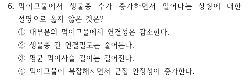 6. 먹이그물에서 생물종 수가 증가하면서 일어나는 상황에 대한 설명으로 옳지 않은 것은? ①대부분의 먹이그물에서 연결성은 감소한다. ②생물종 간 연결밀도는 줄어든다. ③평균 먹이사슬 길이는 길어진다. ④먹이그물이 복잡해지면서 군집 안정성이 증가한다.
