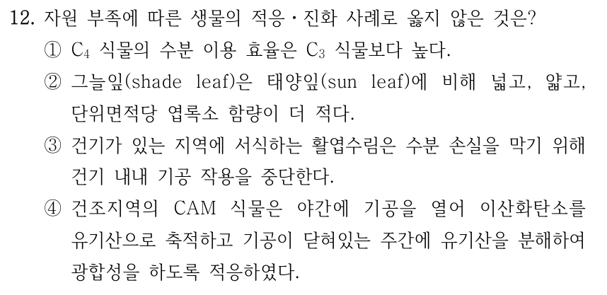 12. 자원 부족에 따른 생물의 적응ㆍ진화 사례로 옳지 않은 것은? ①C₄ 식물의 수분 이용 효율은 C₃ 식물보다 높다. ②그늘잎(shade leaf)은 태양잎(sun leaf)에 비해 넓고, 얇고, 단위면적당 엽록소 함량이 더 적다. ③건기가 있는 지역에 서식하는 활엽수림은 수분 손실을 막기 위해 건기 내내 기공 작용을 중단한다. ④건조지역의 CAM 식물은 야간에 기공을 열어 이산화탄소를 유기산으로 축적하고 기공이 닫혀있는 주간에 유기산을 분해하여 광합성을 하도록 적응하였다.