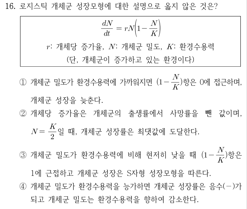 16. 로지스틱 개체군 성장모형에 대한 설명으로 옳지 않은 것은? 수식: dN/dt = rN(1 − N/K). r: 개체당 증가율, N: 개체군 밀도, K: 환경수용력. (단, 개체군이 증가하고 있는 환경이다) ① 개체군 밀도가 환경수용력에 가까워지면 (1 − N/K)항은 0에 접근하며, 개체군 성장을 늦춘다. ② 개체당 증가율은 개체군의 출생률에서 사망률을 뺀 값이며, N = K/2일 때, 개체군 성장률은 최댓값에 도달한다. ③ 개체군 밀도가 환경수용력에 비해 현저히 낮을 때 (1 − N/K)항은 1에 근접하고 개체군 성장은 S자형 성장모형을 따른다. ④ 개체군 밀도가 환경수용력을 능가하면 개체군 성장률은 음수(−)가 되고 개체군 밀도는 환경수용력을 향하여 감소한다.