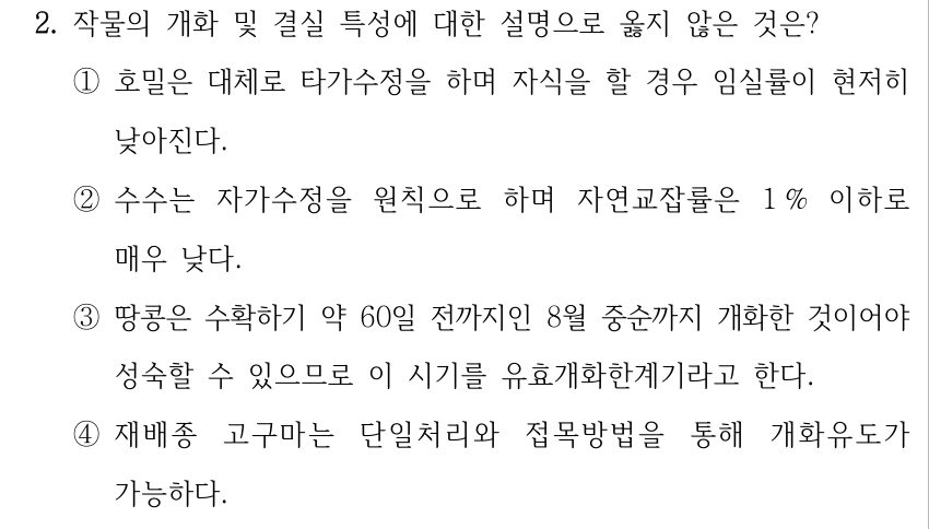 2. 작물의 개화 및 결실 특성에 대한 설명으로 옳지 않은 것은? ①호밀은 대체로 타가수정을 하며 자식을 할 경우 임실률이 현저히 낮아진다. ②수수는 자가수정을 원칙으로 하며 자연교잡률은 1 % 이하로 매우 낮다. ③땅콩은 수확하기 약 60일 전까지인 8월 중순까지 개화한 것이어야 성숙할 수 있으므로 이 시기를 유효개화한계기라고 한다. ④재배종 고구마는 단일처리와 접목방법을 통해 개화유도가 가능하다.